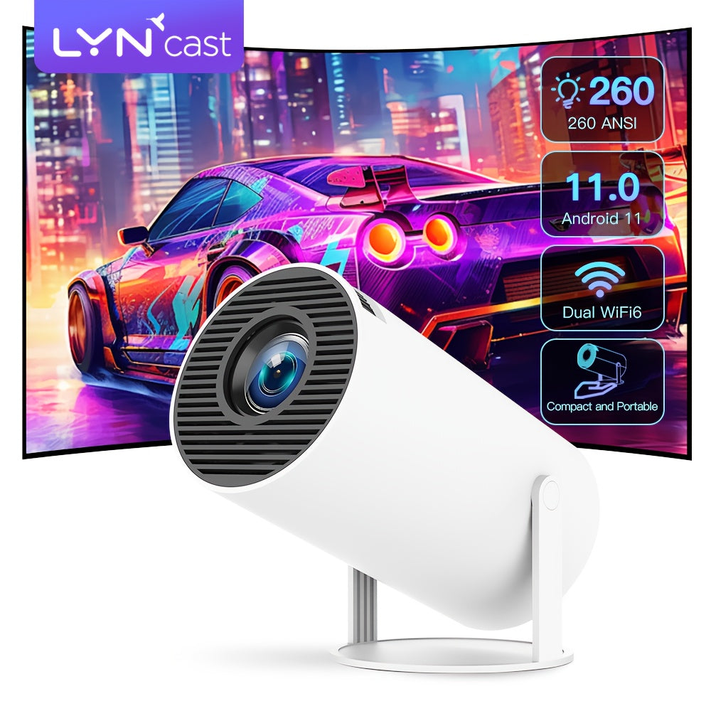 LynCast HY300 PRO Android Mini Projector with Dual WiFi6, 4K Decoding, 260ANSI, Automatic Correction, 180° Rotation, Portable for Outdoor Home Theater.