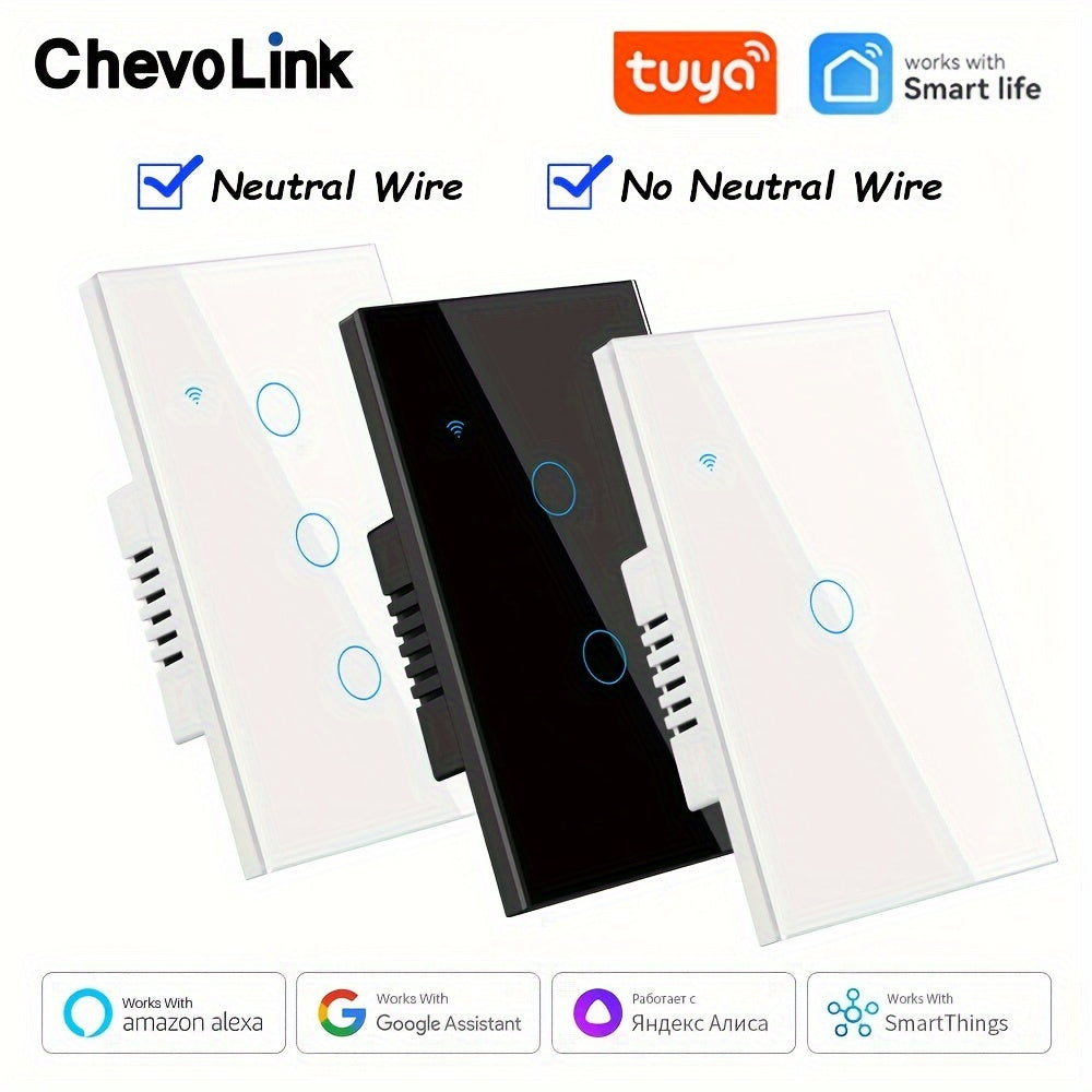 Chevolink Tuya Smart Switches with WiFi Touch Control, Voice Integration with Alexa & Google Home, App-Controlled Lighting, No Neutral Wire Needed, Fire-Resistant for US Standard Wiring in