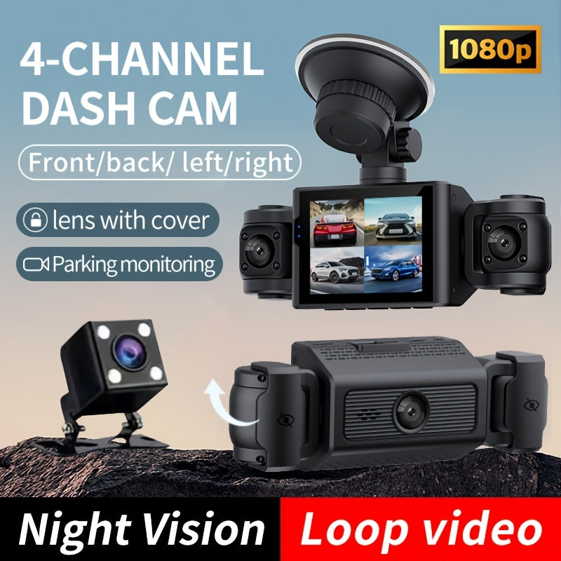 VAVUPO 4-Channel HD 1080P Dash Cam Kit with Wide-Angle Lens, Audio, Loop Recording, G-Sensor, Night Vision, Motion Detection, and 32GB SD Card Support in Black.