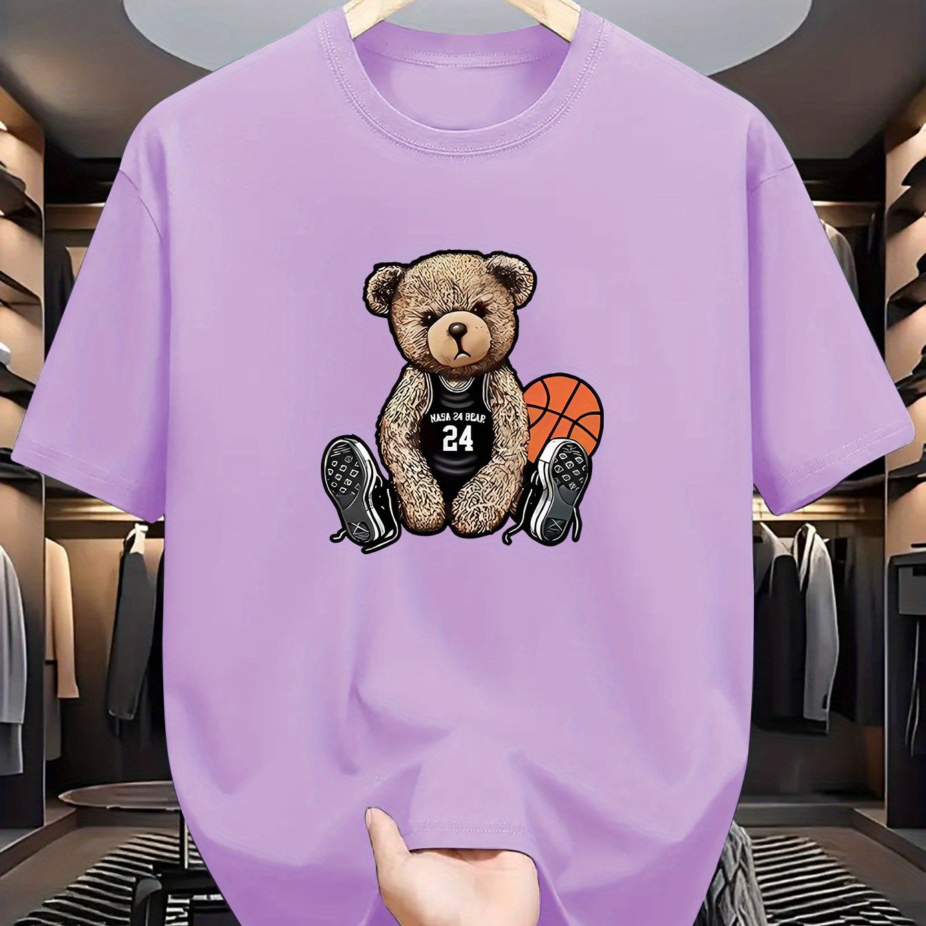 Men's Casual Bear Print T-Shirt: Crew Neck, Short Sleeve, Machine Washable