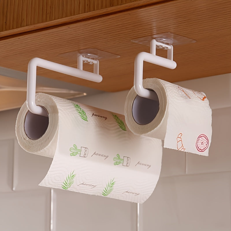 Wall mount kitchen paper towel holder made of plastic - also serves as a dispenser for toilet rolls, storage rack for cling film, and organizer for rags. This space-saving bathroom accessory is versatile and practical.