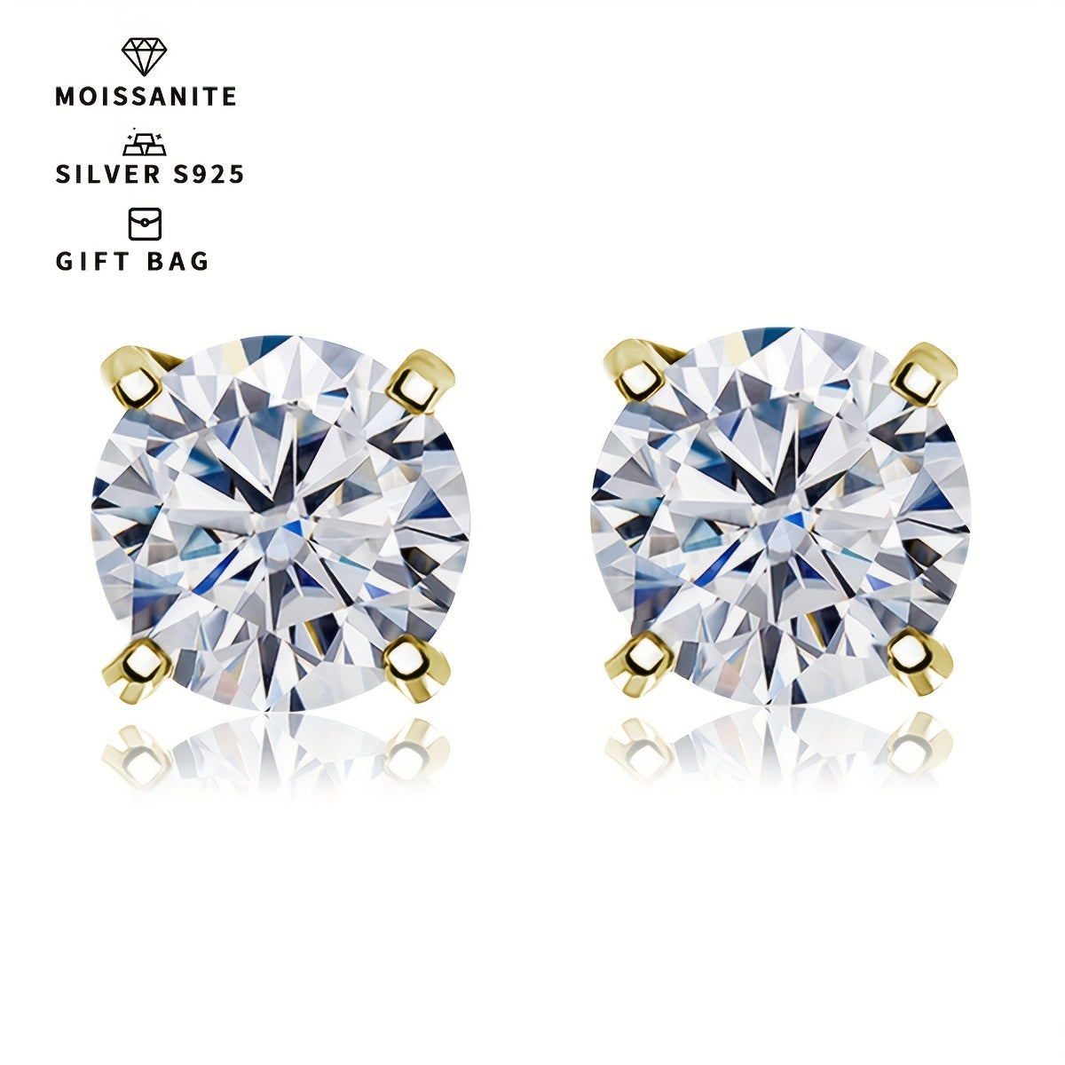 Elegant and fashionable women's jewelry - a pair of S925 silver earrings with platinum and gold plating, featuring round white moissanite stones in a simple 4-prong setting. Available in sizes ranging from 0.3CT to 3CT.