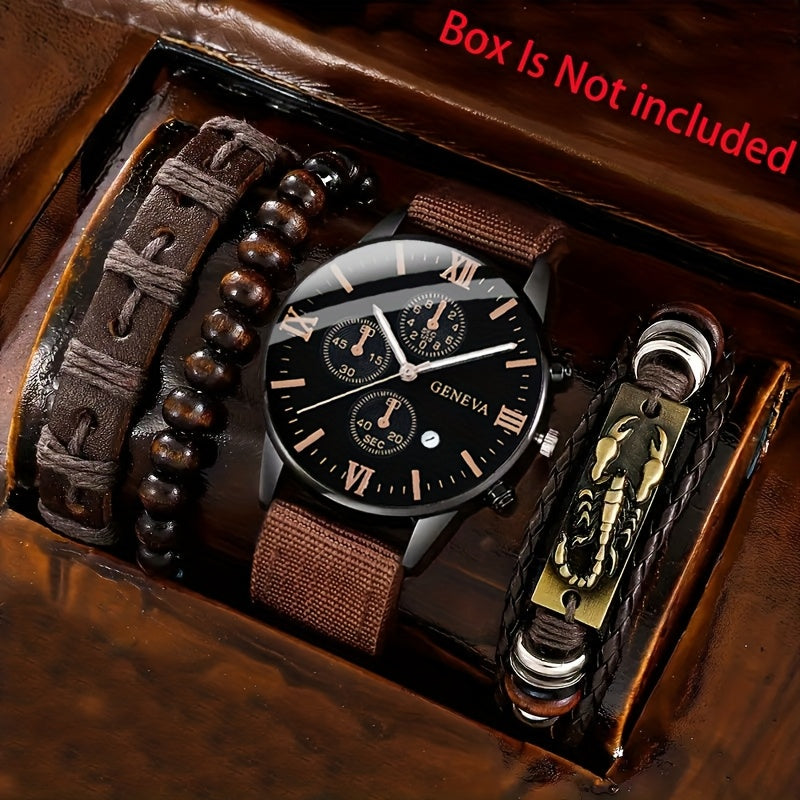 4pcs Men's Quartz Watch Set with brown faux leather strap, alloy case, calendar function, non-rechargeable battery, and matching bracelets. Ideal gift for men.