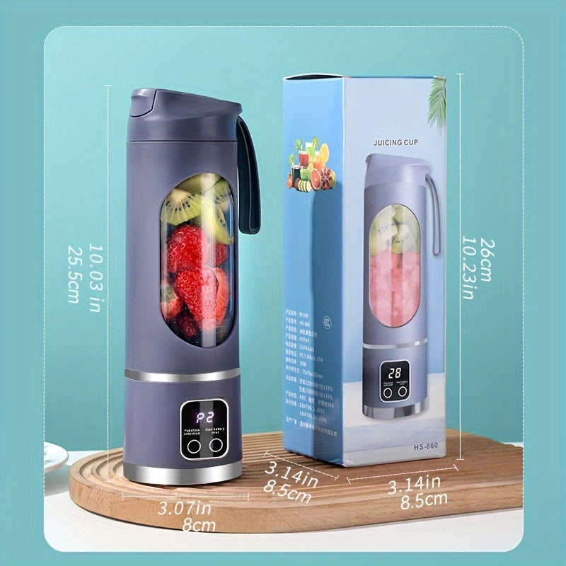 One piece USB Rechargeable Portable Juicer, Mini Blender and Ice Crusher with Three Modes, Digital Display and 12-Blades. Easy to clean and suitable for travel, this Fresh Juice Maker is a convenient addition to your kitchen.