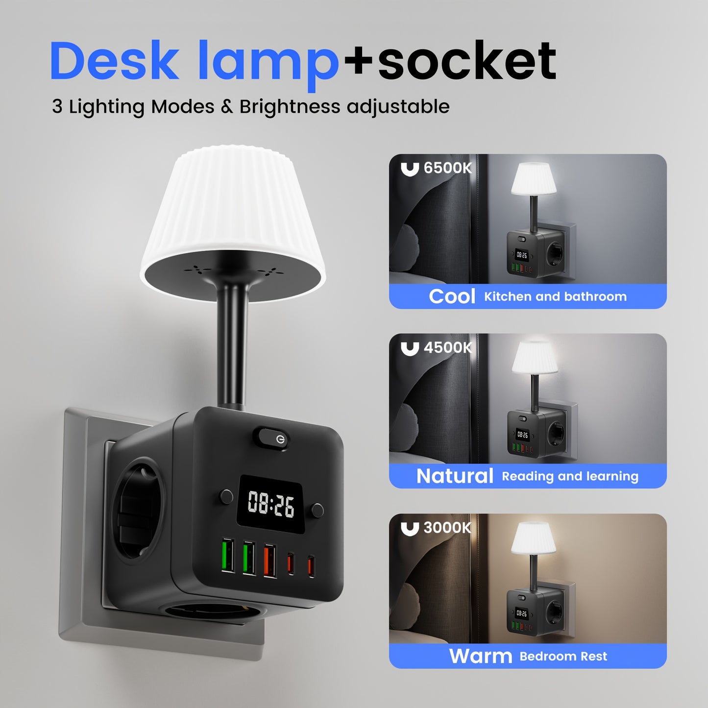 Lamp with Power Outlets and Digital Clock - 3 AC power outlets, 3 USB-A ports, 2 USB-C ports, surge protection, perfect for homes, kitchens, and bedrooms.