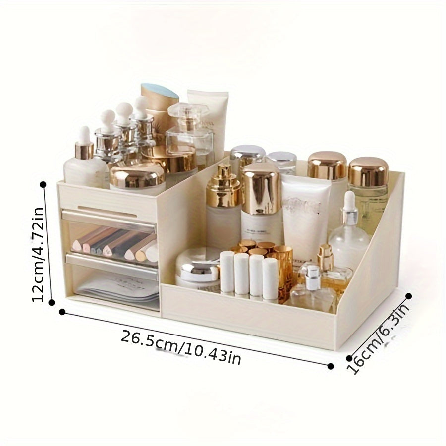 Clear acrylic makeup organizer with drawers for skincare, brushes, and accessories. Ideal for bathroom organization.