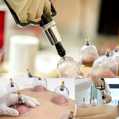 Massage Cupping Set with multiple vacuum cups, hand pump, and detailed manual for massage therapists and Chinese acupuncture. Portable with vacuum suction.