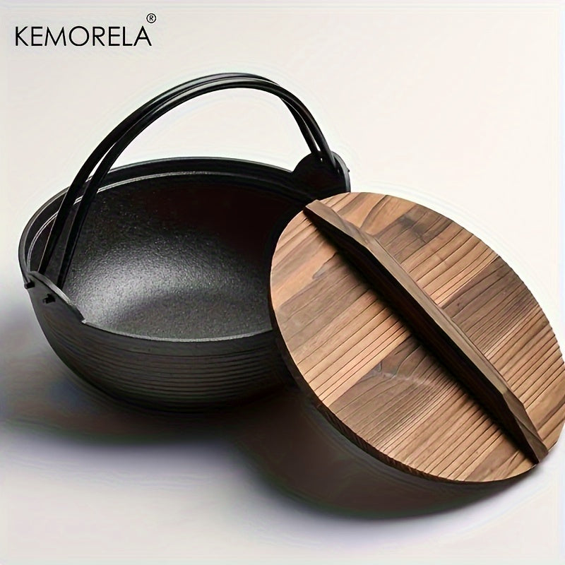 KEMORELA Cast Iron Stockpot with Wooden Lid - Pre-Seasoned Non-Stick Sukiyaki Pot - Ideal for Outdoor Camping - Multi-Purpose Cast Iron Cookware for Stews and Frying