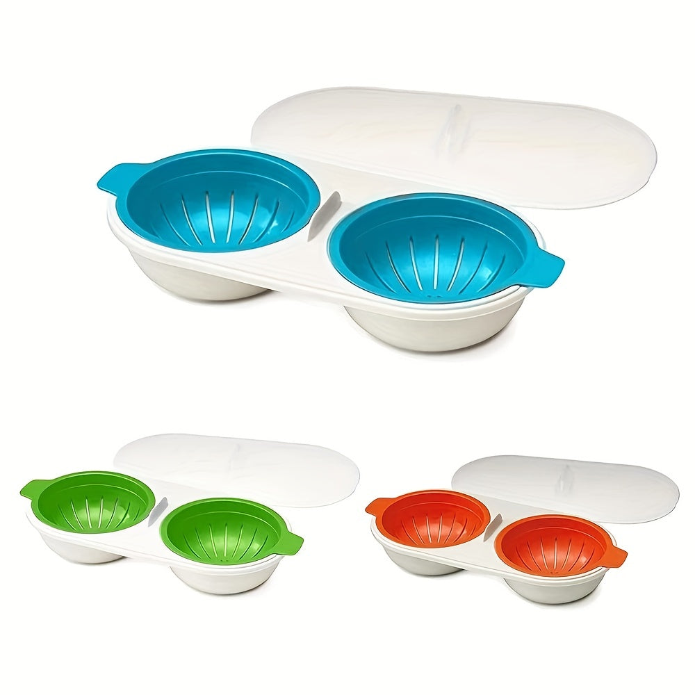 The 2-Cup Microwave Egg Poacher offers convenient breakfast preparation, is heat resistant and BPA free, and comes with a drain basket. Ideal for steamed eggs, cake molds, and more. Available in Green, Blue, and Red.