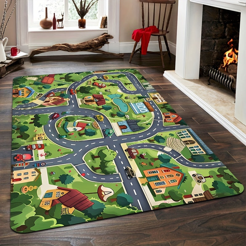 Green cartoon village design carpet suitable for use in children's rooms, bathrooms, kitchens, living rooms, bedrooms, interior doors, and entryways. The carpet has a thickness of 8mm and can be machine washed. Ideal for adding a decorative touch to your