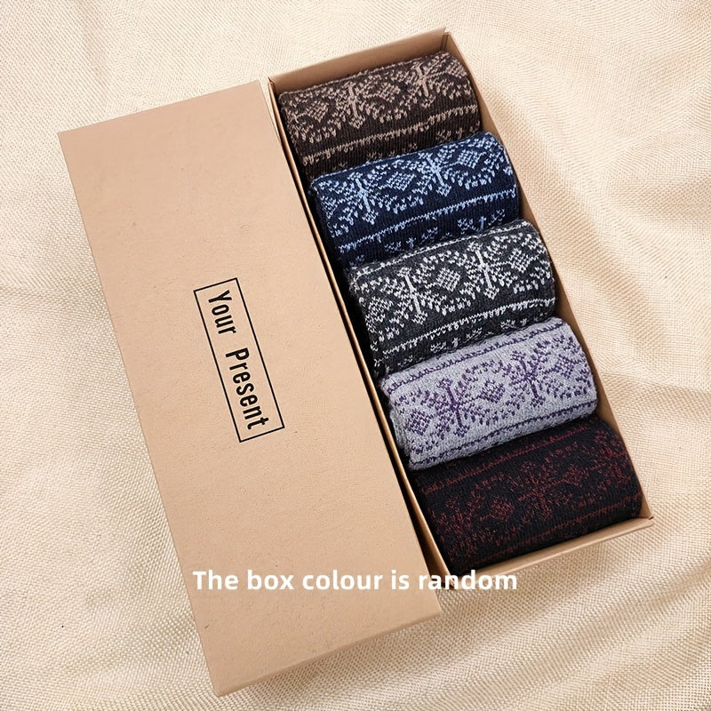 5 pairs of men's warm and comfortable wool socks, boxed for gifting.