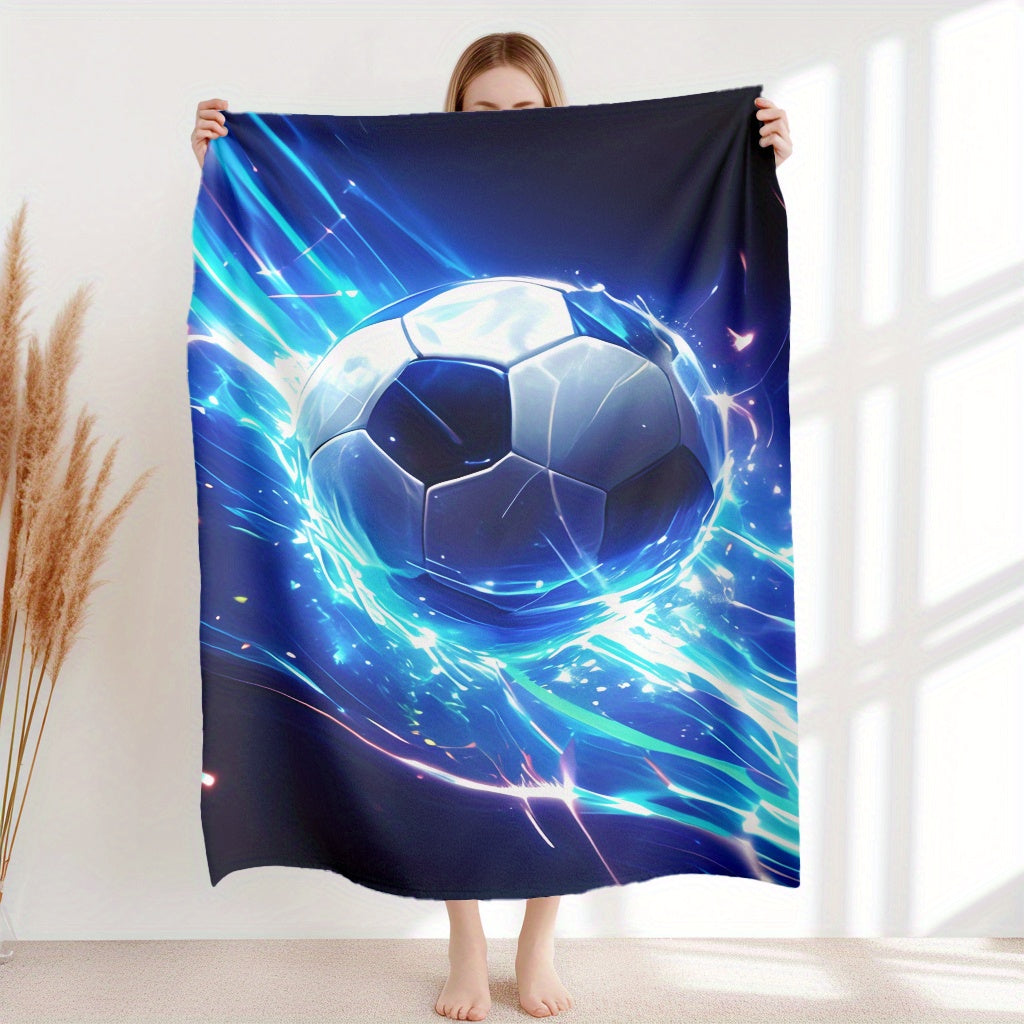 Soft, warm, and comfortable flannel fleece throw blanket featuring a contemporary soccer ball print. Perfect for use at home, office, camping, or while traveling. Made from tear-resistant, knitted polyester that is washable and suitable for use all year