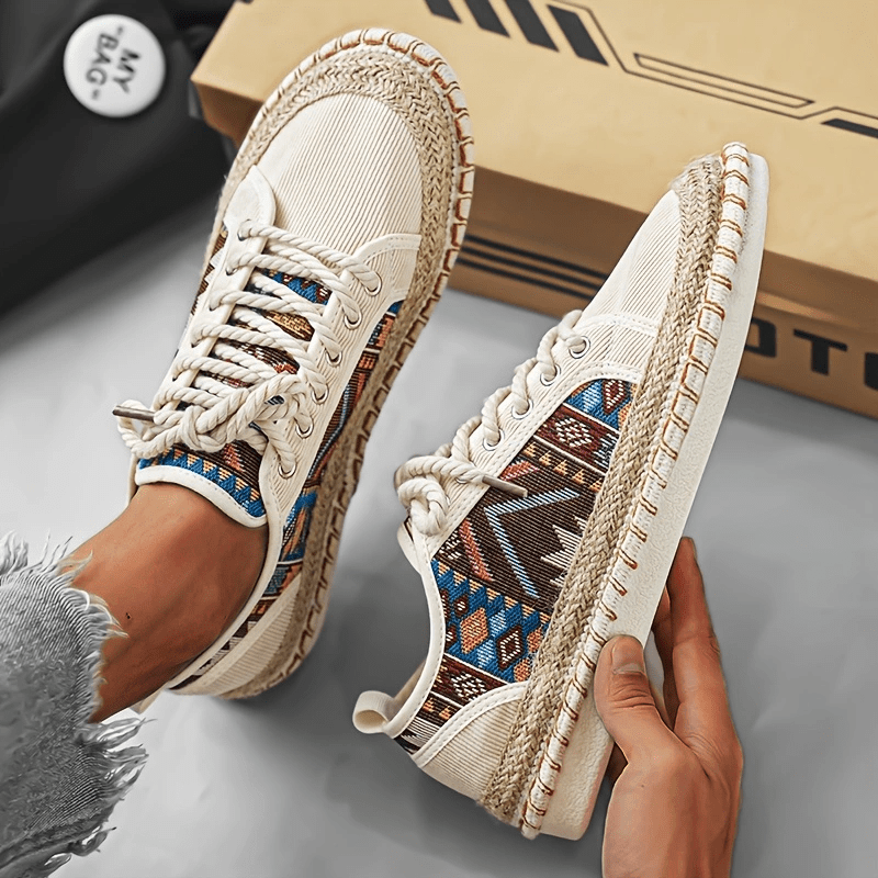 Trendy tribal sneakers with lace-up design, lightweight espadrilles, durable non-slip sole, breathable summer shoes for women.