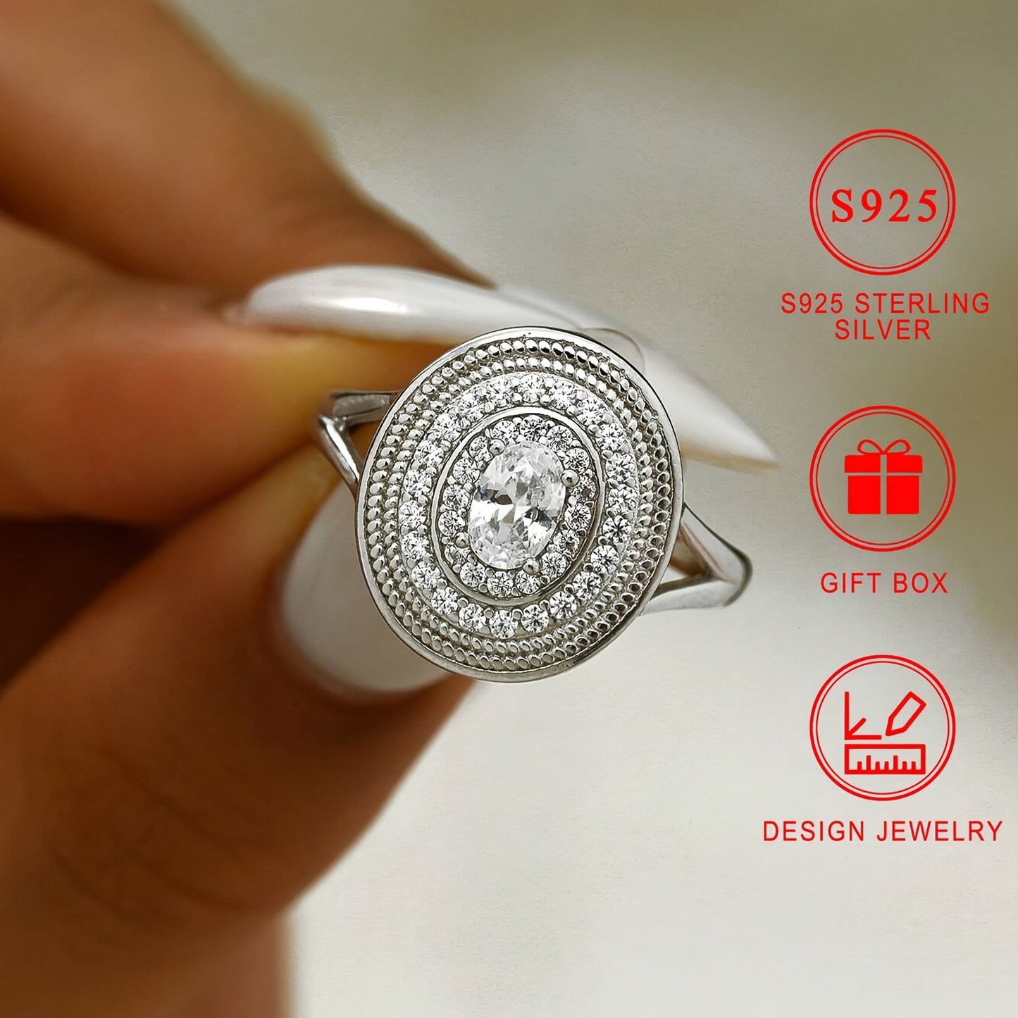 Beautiful Oval Sterling Silver Ring, 3.5g S925 Silver, Hypoallergenic and Nickel-Free, Women's Fashion Jewelry with Sparkling Cubic Zirconia, Unique Design and High-Quality Craftsmanship. Comes with Gift Box - Ideal for Everyday Wear and Gifting during