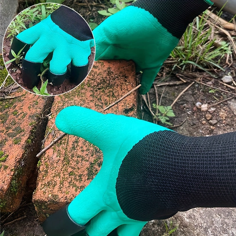 Waterproof gardening gloves with claws for digging and planting - puncture-resistant latex, hand washable outdoor protection for flowers and vegetables, in green and black design.