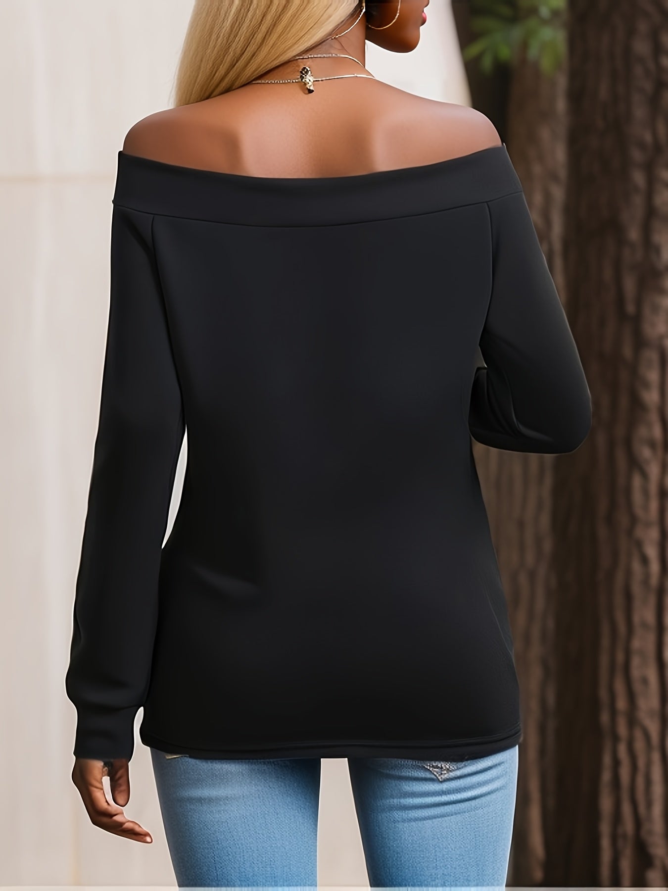 Stylish off-shoulder lounge top with long sleeves for fall, made of stretchy fabric for women's loungewear.