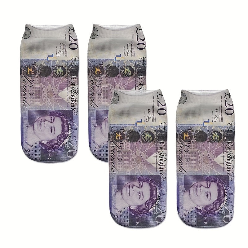 Men's novelty socks featuring various currency designs including US Dollar, Euros, Japanese Yen, and British Pounds.