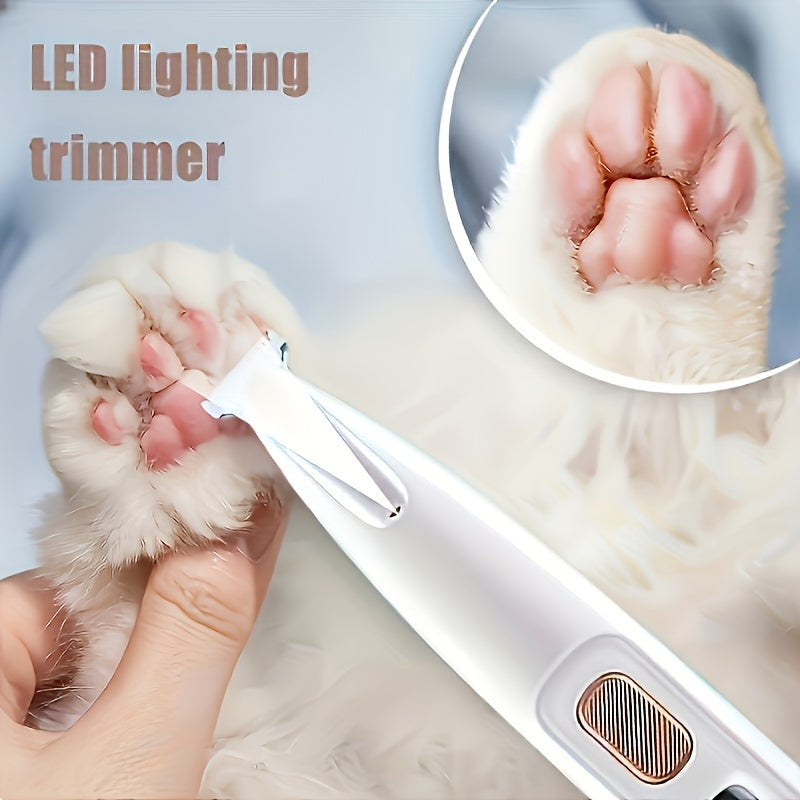 Cordless pet hair trimmer with LED lights, USB rechargeable, easy to use for dogs and cats, professional quality.