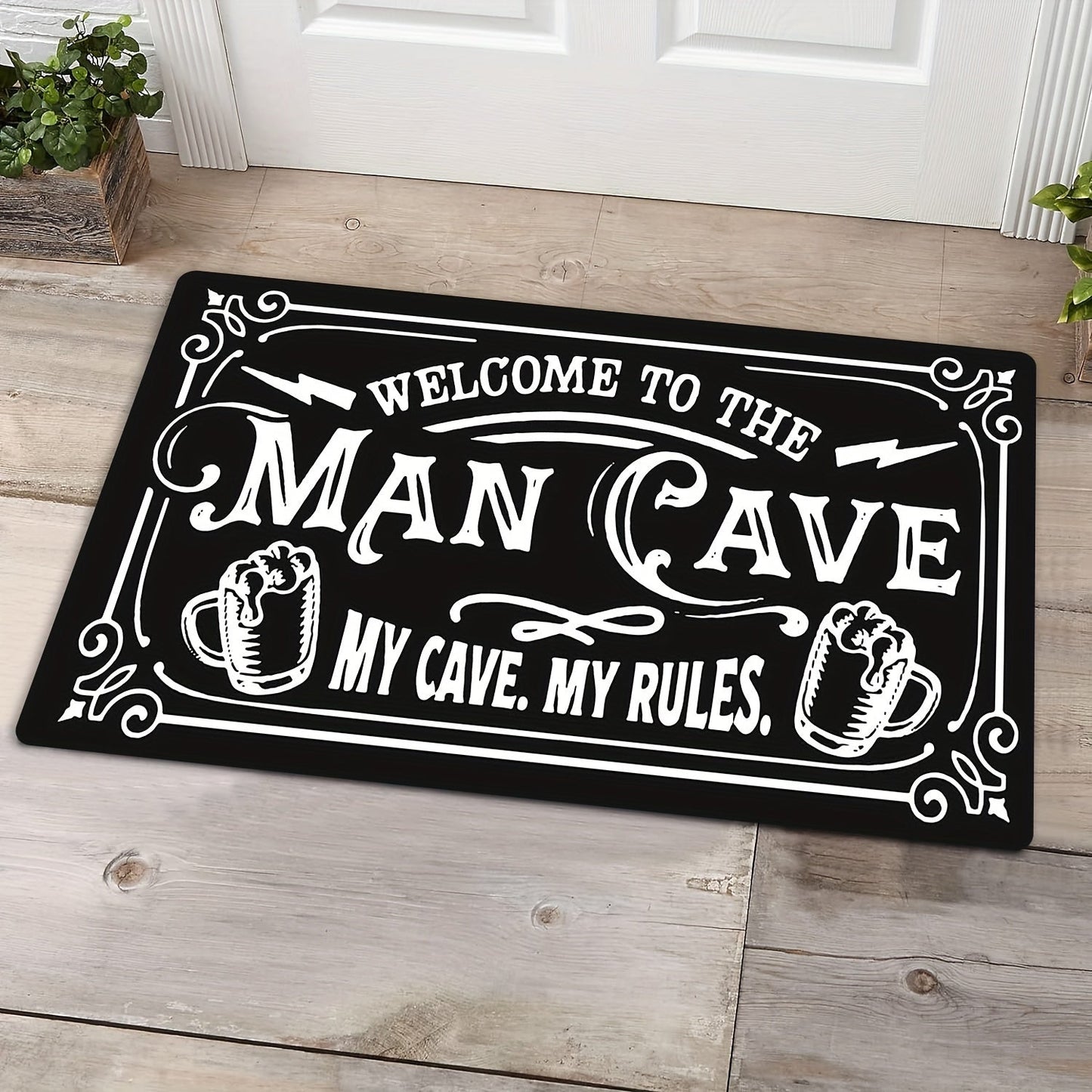 Rectangular "Welcome to the Man Cave" Door Mat - Perfect for Christmas, Halloween, Easter, Hanukkah, Thanksgiving Decor. Made of Polyester, Machine Washable, Non-Slip, Indoor Entrance Bath Rug - Ideal for Home Kitchen Decor. 1pc.