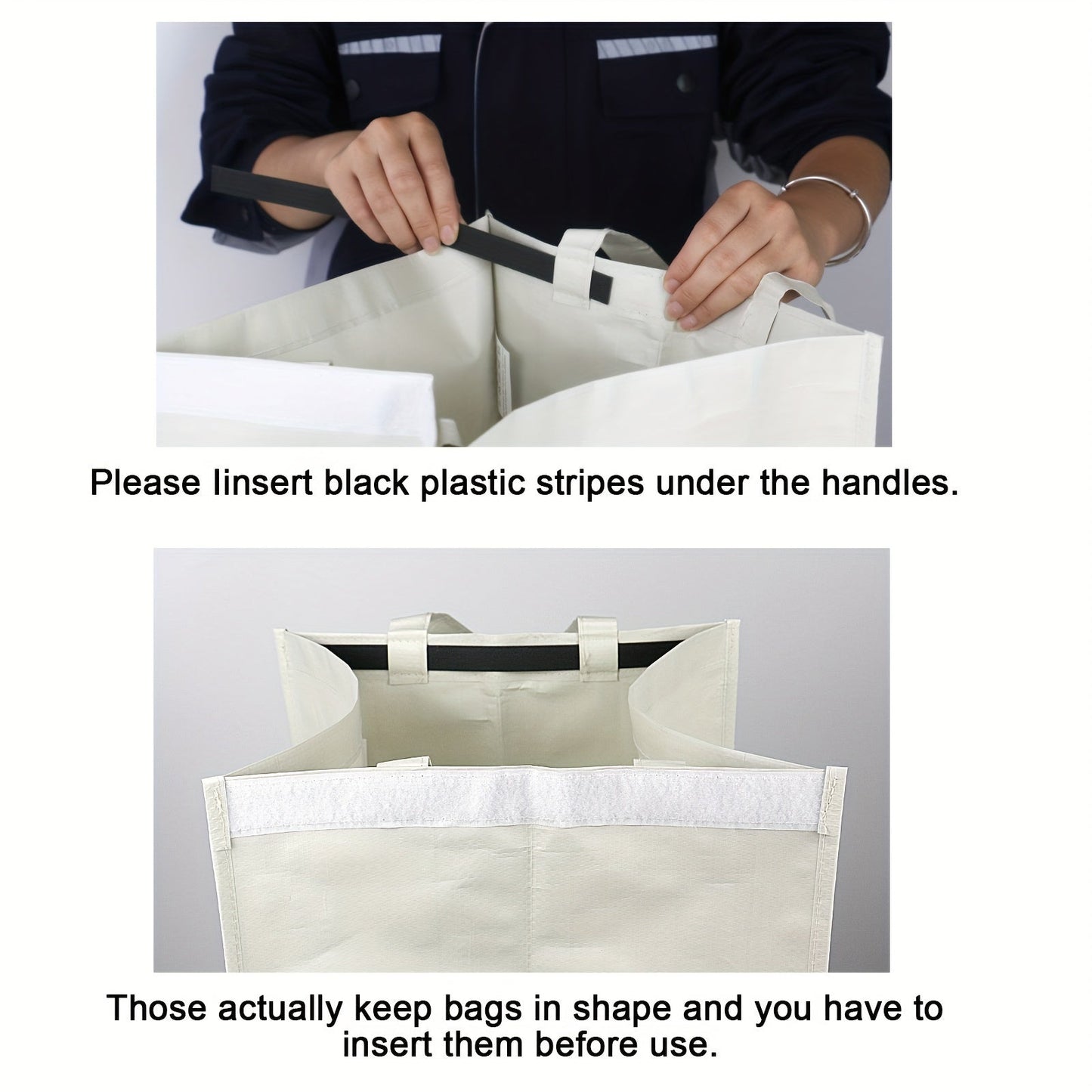 BOMEI PACK presents a set of 2 White and Gray Recycling Bags with Handles, perfect for sorting trash in your kitchen, home, or office. Each bag has a capacity of 105.99 liters and is made of heavy-duty waterproof woven material. These reusable bags are