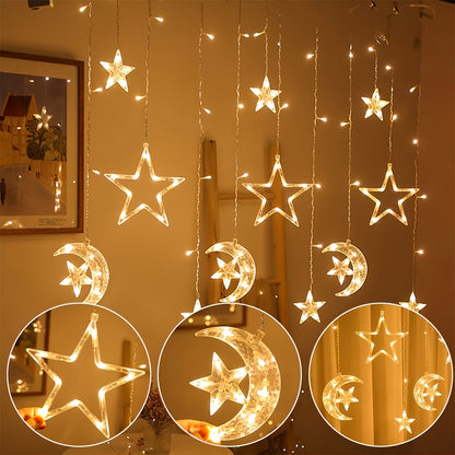 1 LED fairy curtain lights with stars and moon, perfect for Ramadan, weddings, birthdays, parties, and romantic settings - battery-free.