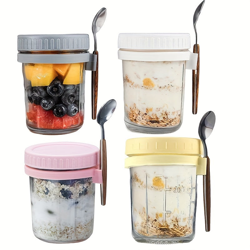 Four pieces of leak-proof storage containers for overnight oats, complete with lids and spoons. These reusable 12 oz glass Mason jars are perfect for storing milk, cereal, fruit, and yogurt. The large capacity airtight jars are essential kitchen