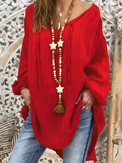 Plus Size Red V-Neck Blouse with Beaded Star & Tassel Details, Long Sleeve, Loose Fit, Polyester, Machine Washable, All-Season Comfort.