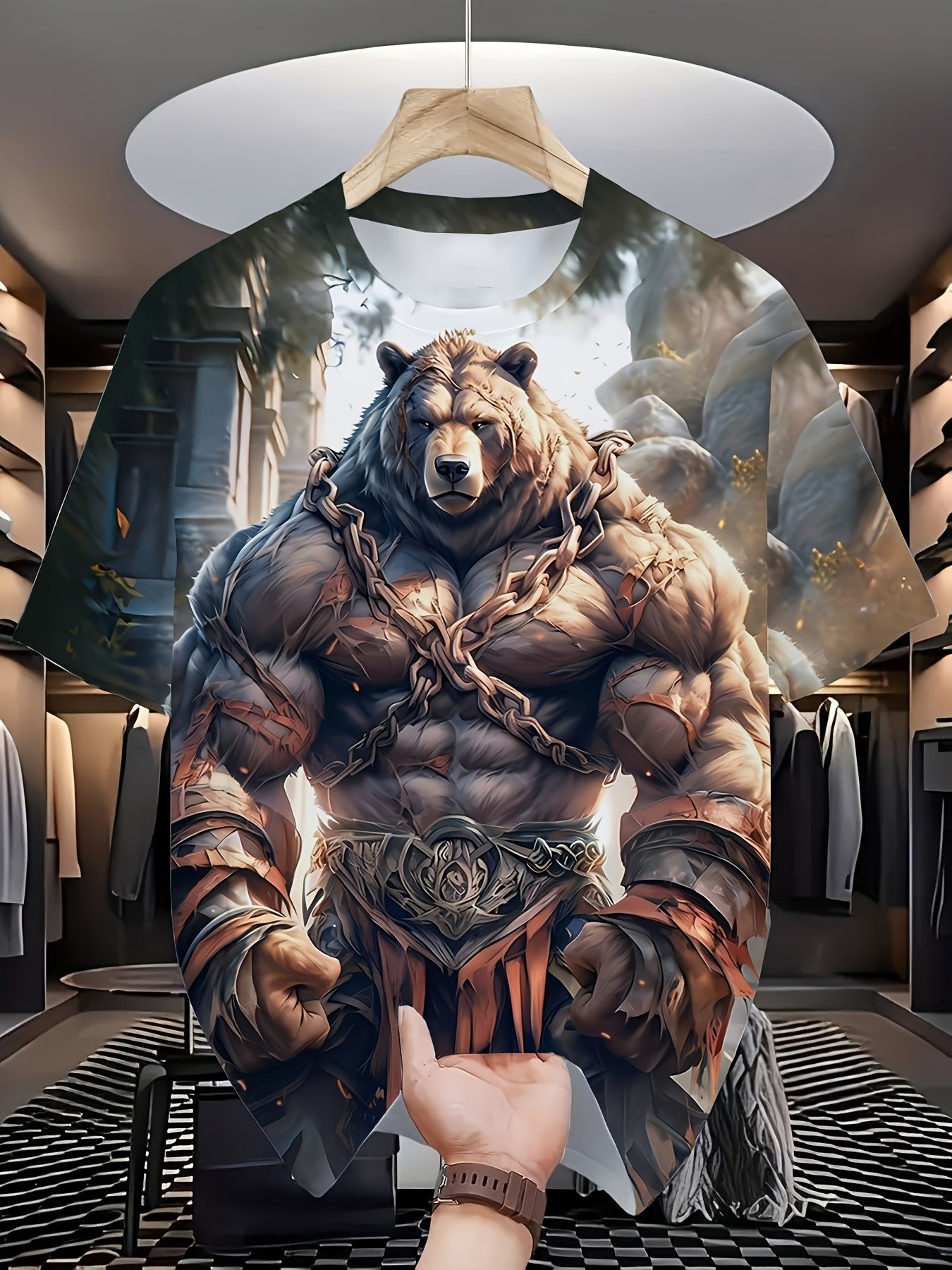 Plus size men's 3D muscle bear graphic t-shirt with bold fantasy design and comfortable polyester blend. Ideal for casual wear, parties, and outdoor adventures. Stylish round neck and