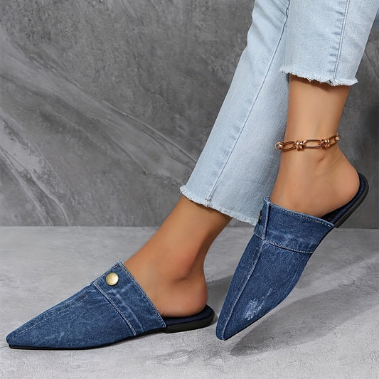 Women's Denim Flat Mules with Pointed Toe for Casual Outdoor Wear