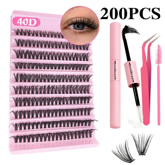 200pcs DIY Eyelash Extension Kit with mixed 8-16mm lengths, waterproof faux mink lashes suitable for all eye shapes. Soft, comfortable, and easy to apply for beginners, reusable with