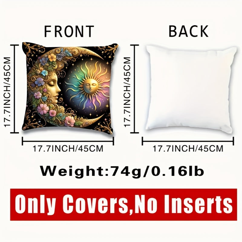 Bohemian-style celestial sun and moon pillow cover, 44.96x44.96 cm, machine washable polyester knit fabric, ideal for home and bedroom decor. Zippered decorative cushion cover, perfect for living room. Architectural collectible accessory (pillow insert