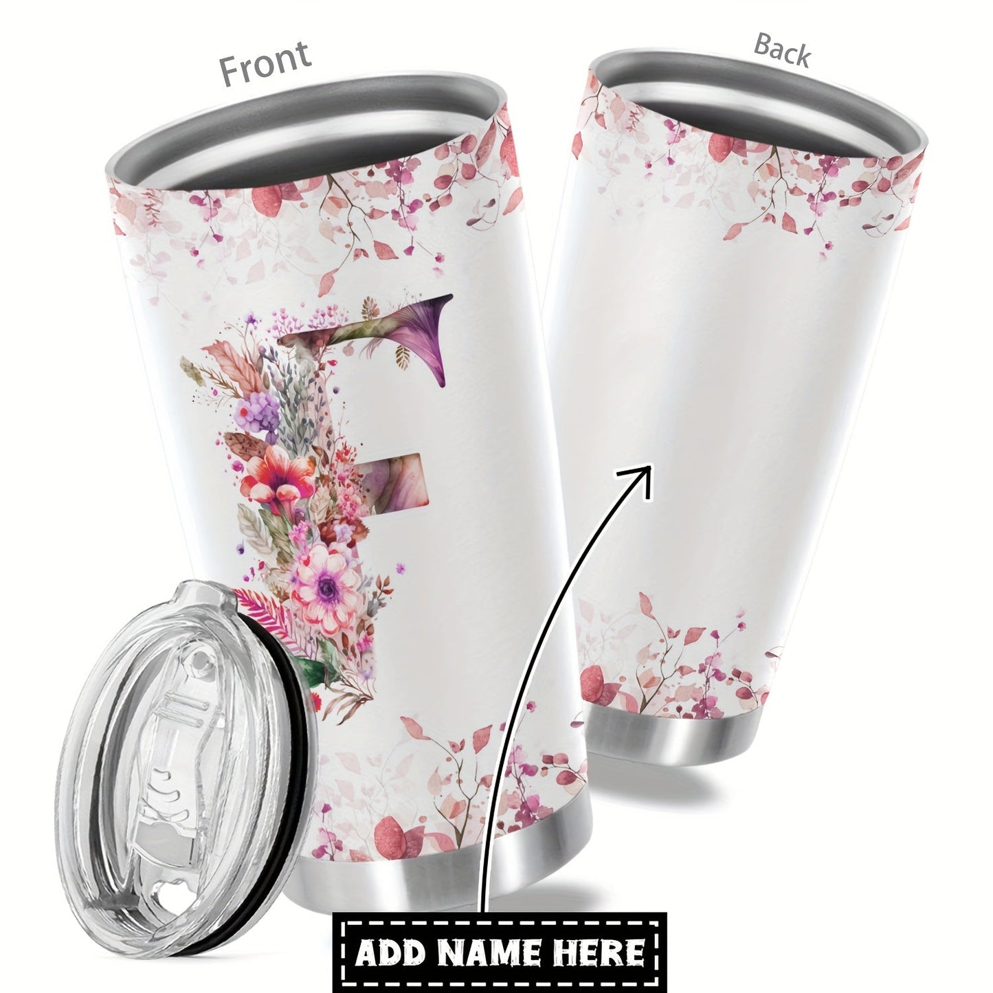 Customize your daily essentials with our Hsdiokl 20oz Insulated Stainless Steel Tumbler featuring a personalized name and flower design. This oval metal mug comes with 2 BPA-free lids, perfect for hand washing and multipurpose use. Designed for adults