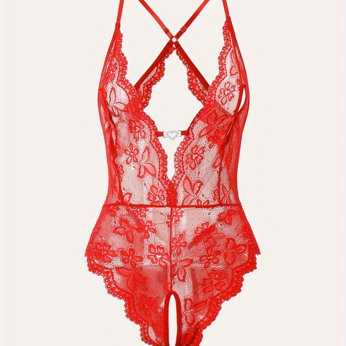 Sexy adult bodysuit in lacy red with deep V-neck, bow detail, floral print, made of nylon, in adult size.