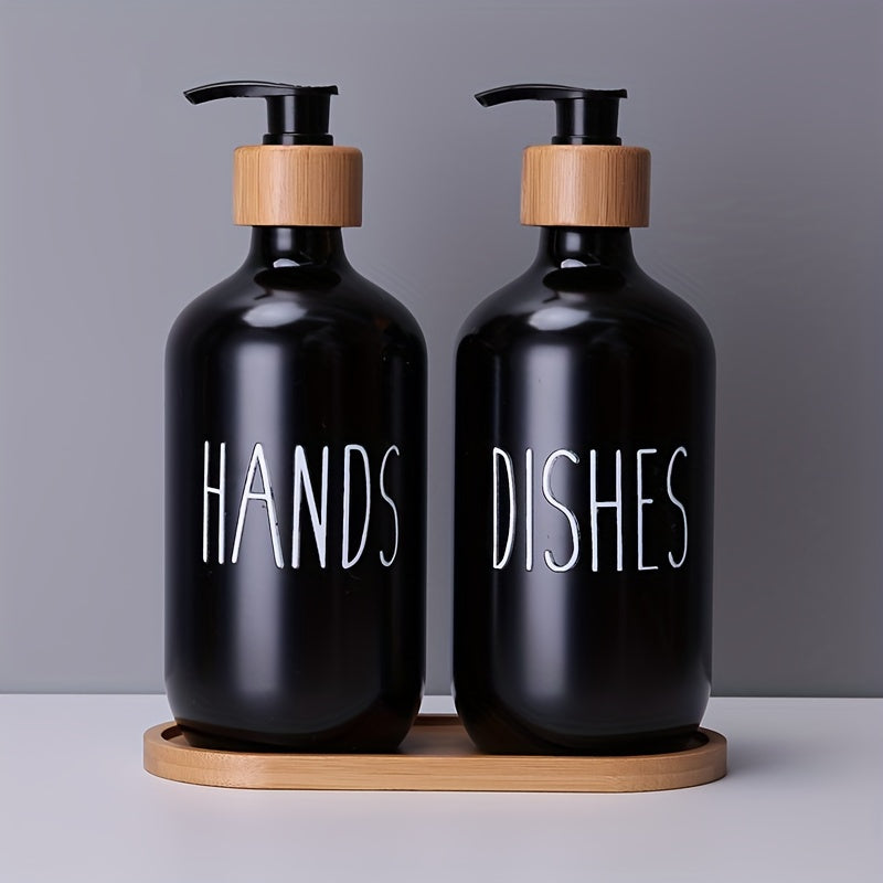 Set of 2 plastic soap dispensers for dish and hand soap, with refillable empty bottles for home decor and bathroom accessories.