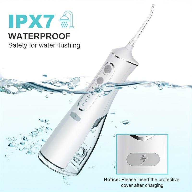 Cordless water flosser with 4 cleaning modes, USB rechargeable, 1500mAh battery, travel-friendly.