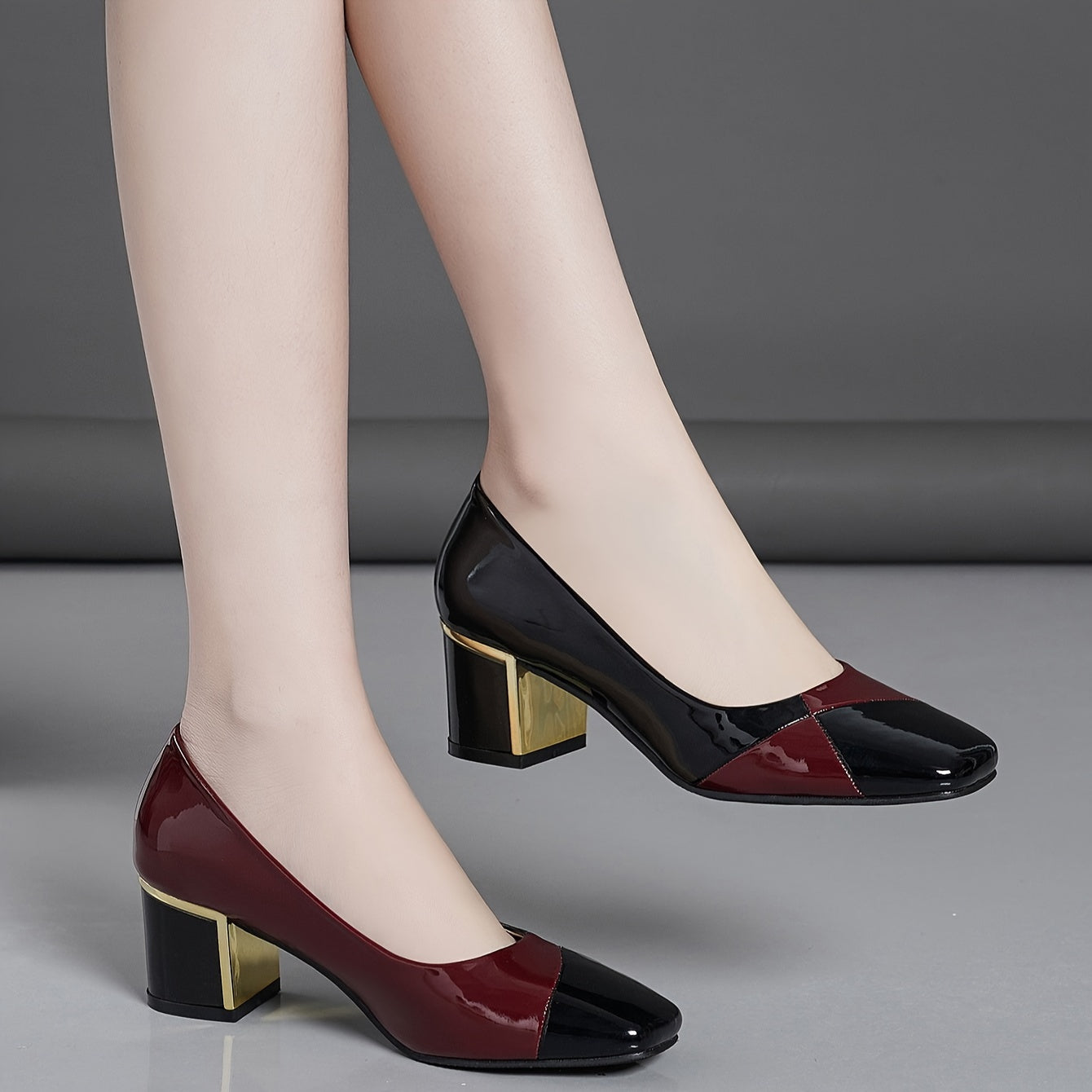 Womens chunky heels with contrasting colors and square toe design, slip-on style for fashion lovers.