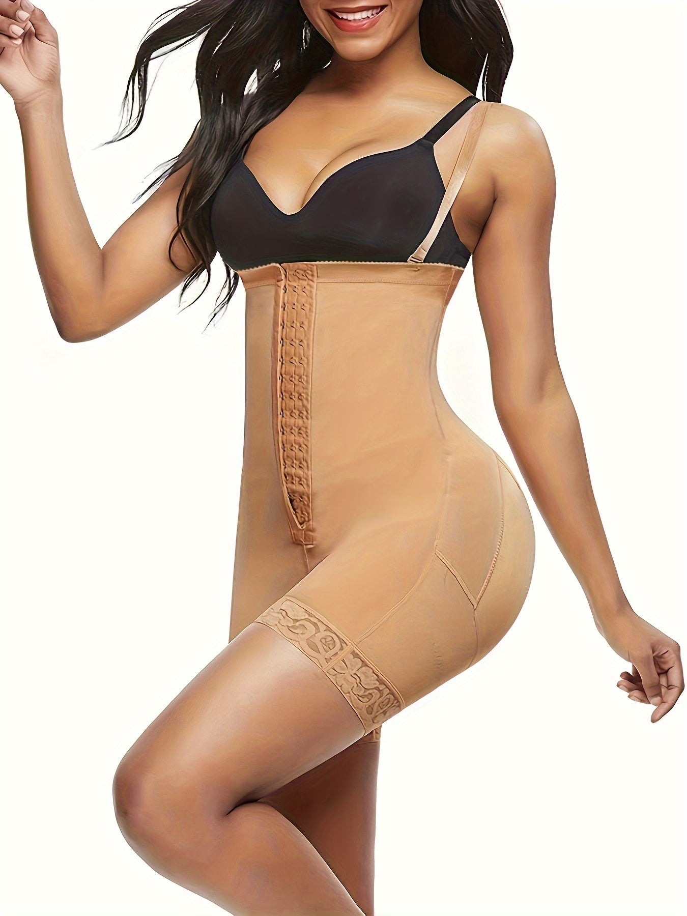 Black body shaper for women with straps, high-waist thigh slimmer, tummy control, butt lifter, lace trim, seamless slimming shorts.