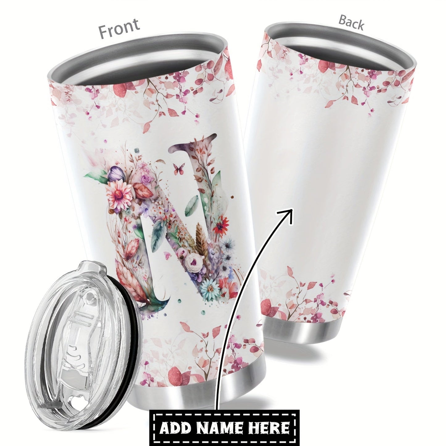 Customize your daily essentials with our Hsdiokl 20oz Insulated Stainless Steel Tumbler featuring a personalized name and flower design. This oval metal mug comes with 2 BPA-free lids, perfect for hand washing and multipurpose use. Designed for adults