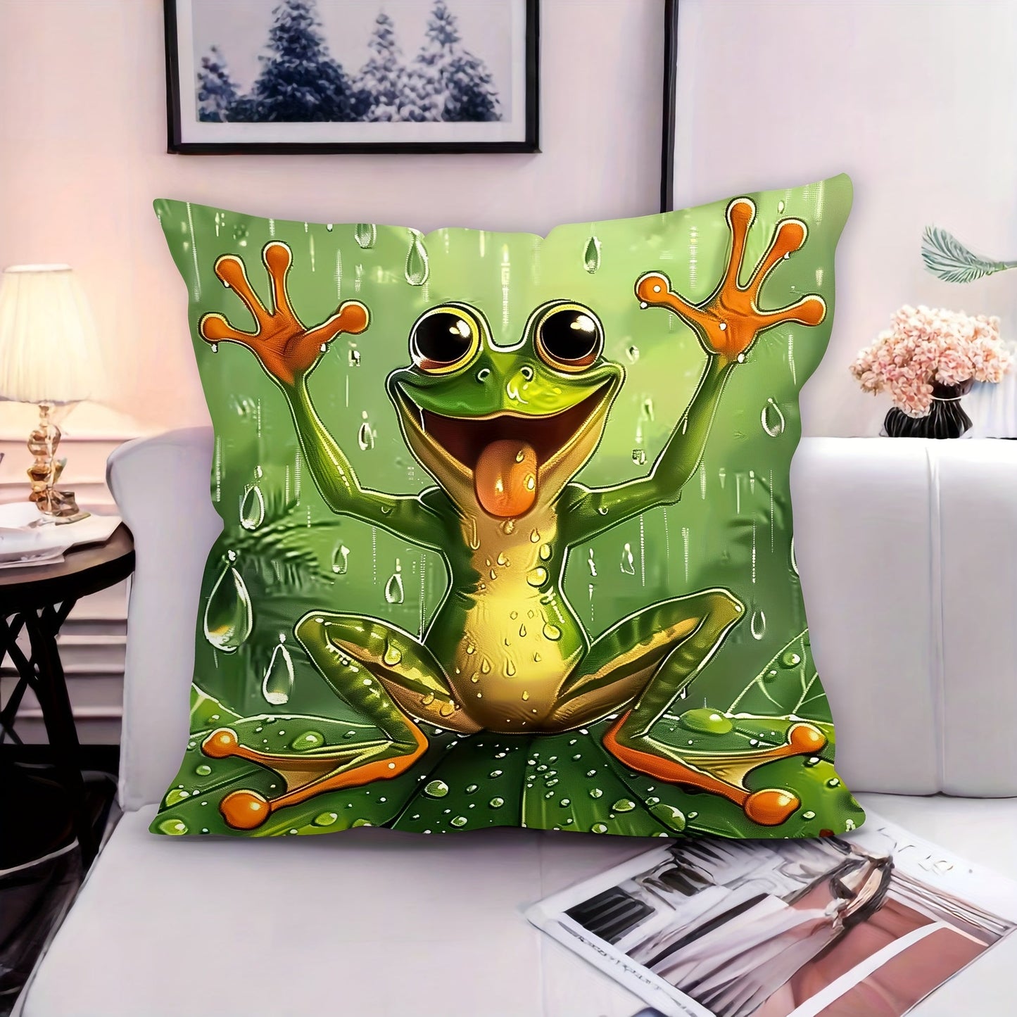 Modern Frog design Plush Throw Pillow Cover, made of soft Polyester with Zipper Closure for easy washing. This Decorative Pillowcase is suitable for use in Home, Office, or Car. The size is 44.96cm x 44.96cm with a Single Sided Print design (1pc