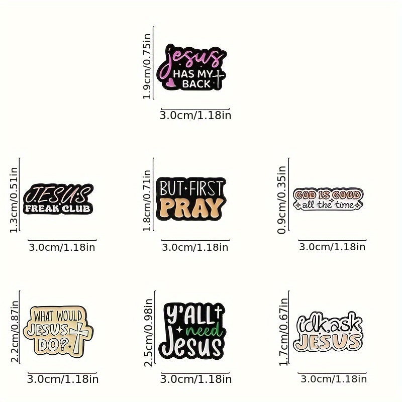 A set of 7 retro and cute enamel pins with inspirational English letter slogans. Perfect for adding a touch of geometric fashion to your clothing.