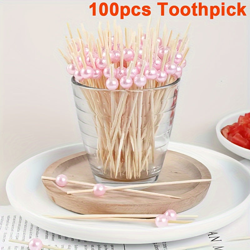 100 pieces of golden, pink, and white pearl bamboo toothpicks for weddings and parties, ideal for appetizers, fruits, and beverages on special occasions. Great for cakes, desserts, and cupcakes.