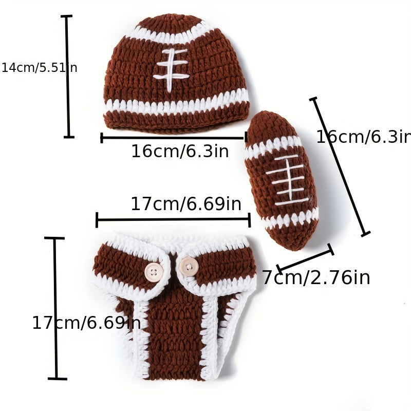 Crochet Football Photo Prop Outfit Set for Newborns - 3-Piece Knitted Costume perfect for 0-3 Years, made of Polyester for a memorable keepsake.