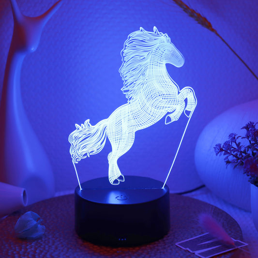 The 1pc Plug-in 3D Night Light is a creative jumping horse decoration for desks or bedrooms.