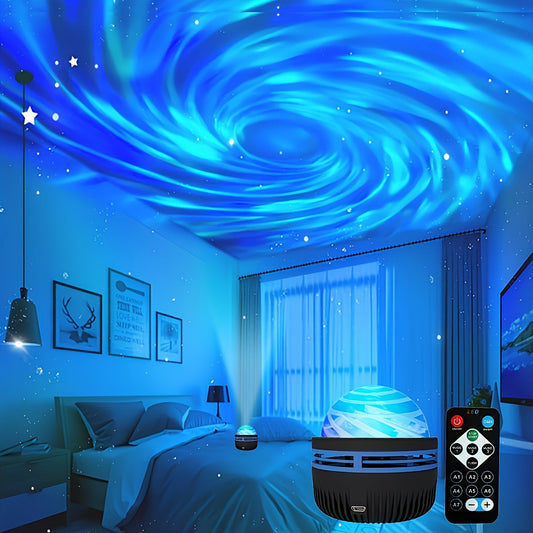 Transform your room with the LED Galaxy Star Projector Night Light. This stunning light comes with a remote and USB cord, allowing you to easily adjust the dimmable RGB color settings. Perfect for bedroom decoration, the projector features an infrared