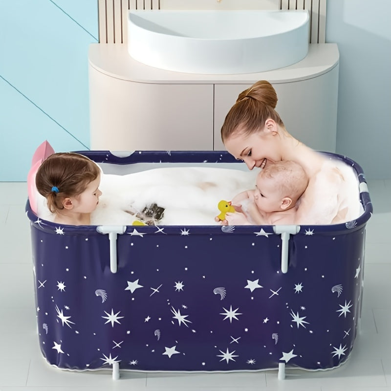 Adults' foldable freestanding bathtub for two, made of thick PVC in blue and white marble pattern with "GOOD LUCK BATHHUB" design, easy to use without installation.