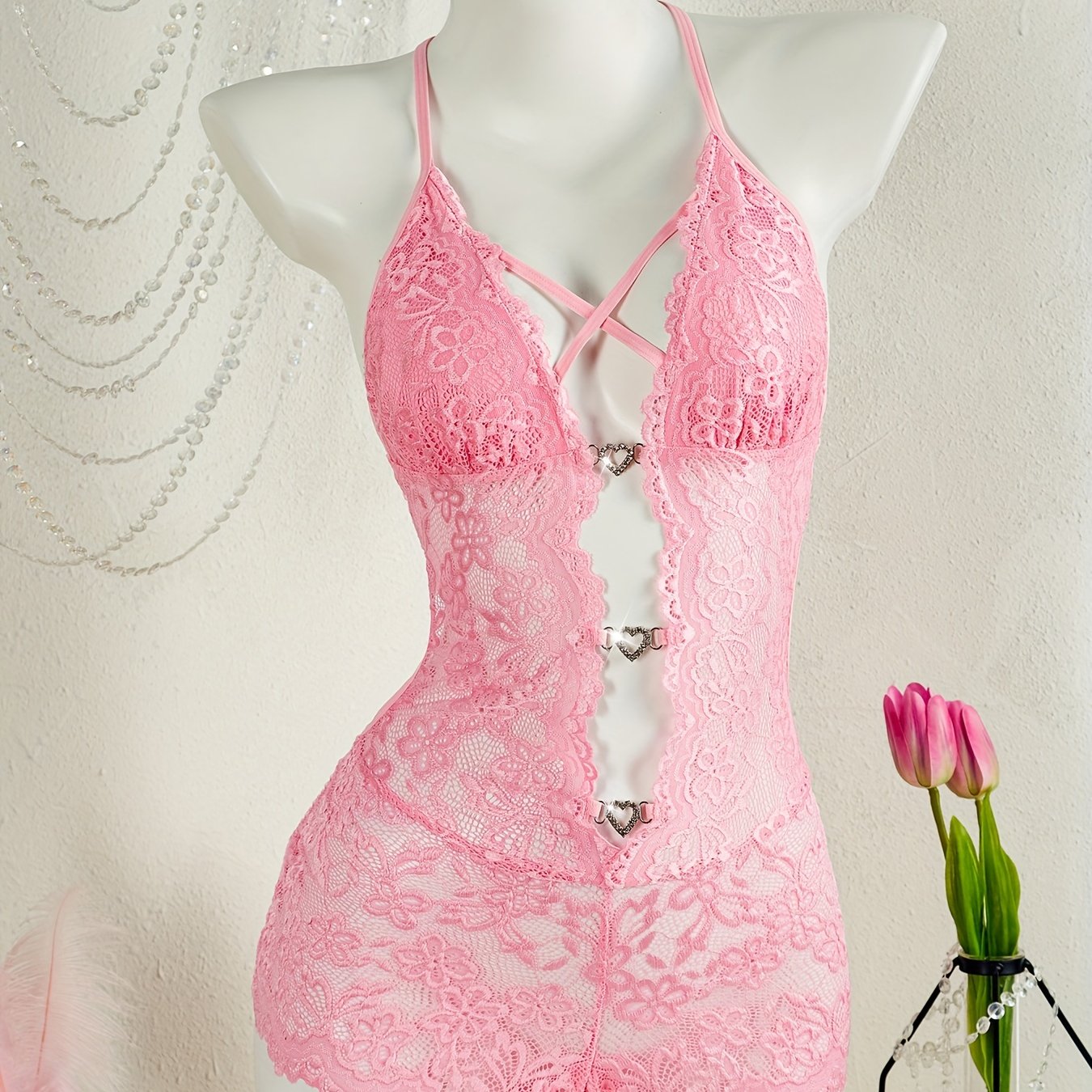 Lace teddy and heart ring linked bodysuit - sexy lingerie for women