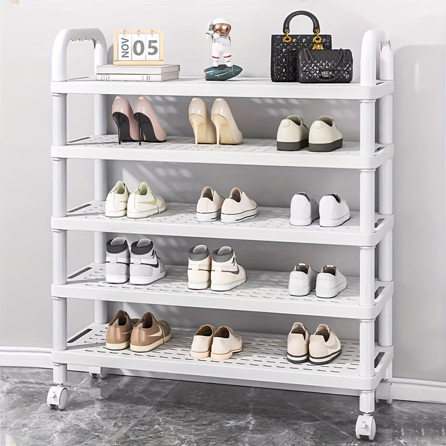 Free Standing Multi-Layer Plastic Shoe Rack with Wheels, Holds Many Shoes, Perfect for Dorms and Rentals, Easy to Assemble