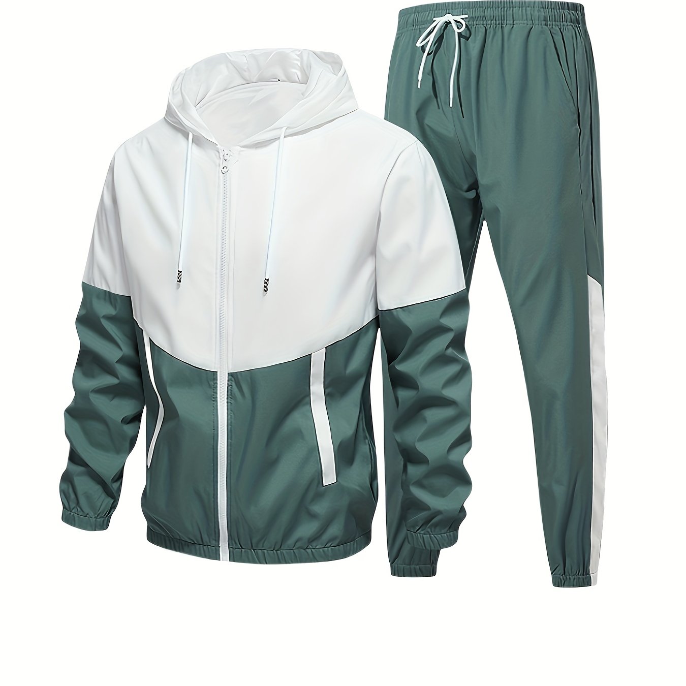 Men's Autumn/Spring Casual Sports Suit with Hooded Jacket and Pants 2pcs Set.