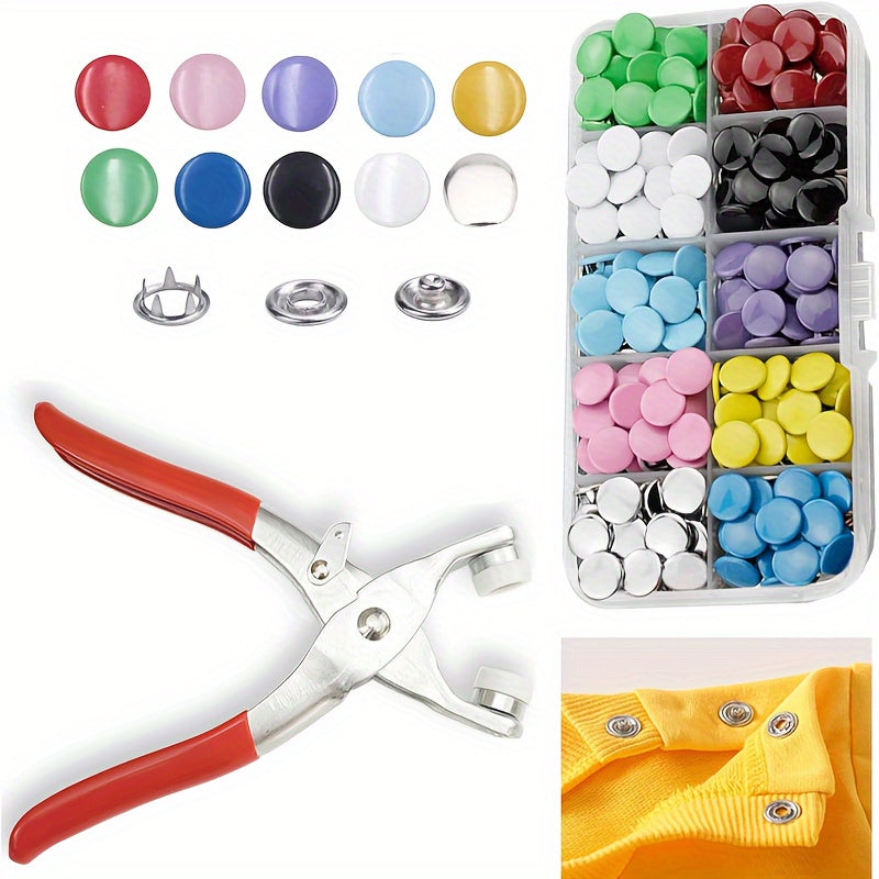 402-piece colorful snap button kit with manual press pliers, assorted colors for sewing and DIY crafts, metal material, random color selection.