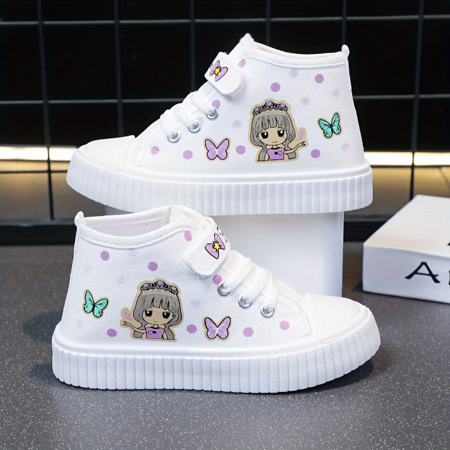 Cute high-top canvas shoes for girls featuring cartoon character, durable sole, and breathable design - perfect for everyday wear in spring and autumn.